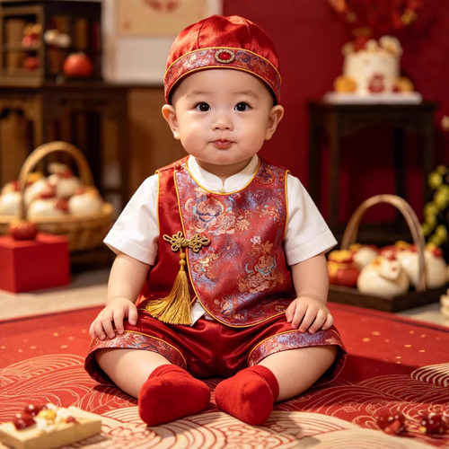 夏季宝宝周岁礼服唐装马甲套装