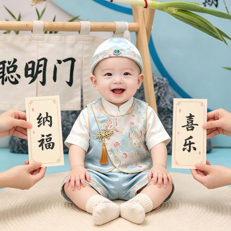 夏季男童中式唐装抓周礼服套装