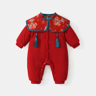 婴儿百日宴连体衣红色中国风女宝周岁礼服唐装冬装新生儿过年哈衣