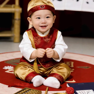 套装 儿童抓周服 马甲长袖 一周岁礼服男宝生日宴冠衣中国风婴儿唐装