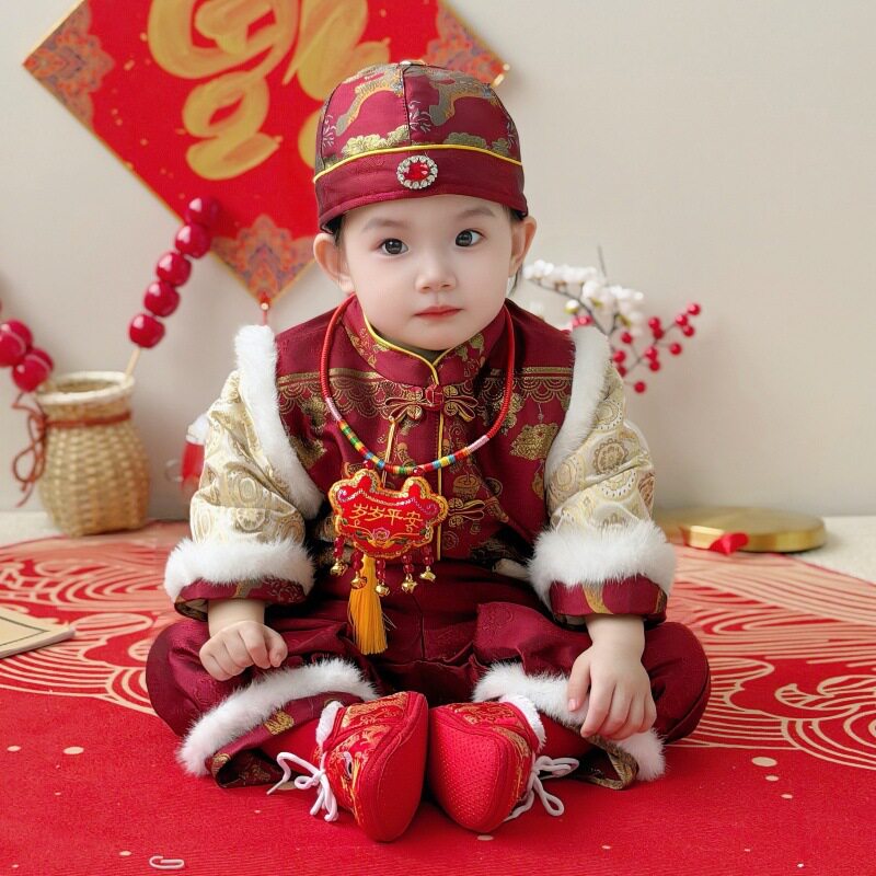 儿童唐装冬男宝宝周岁礼服红色喜庆套装马年婴儿新中式拜年服加绒