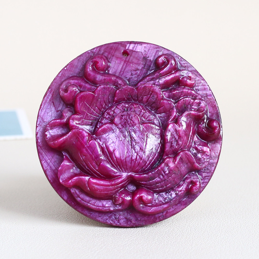 天然红绿宝石雕刻花开富贵圆牌吊坠毛衣链挂件新品