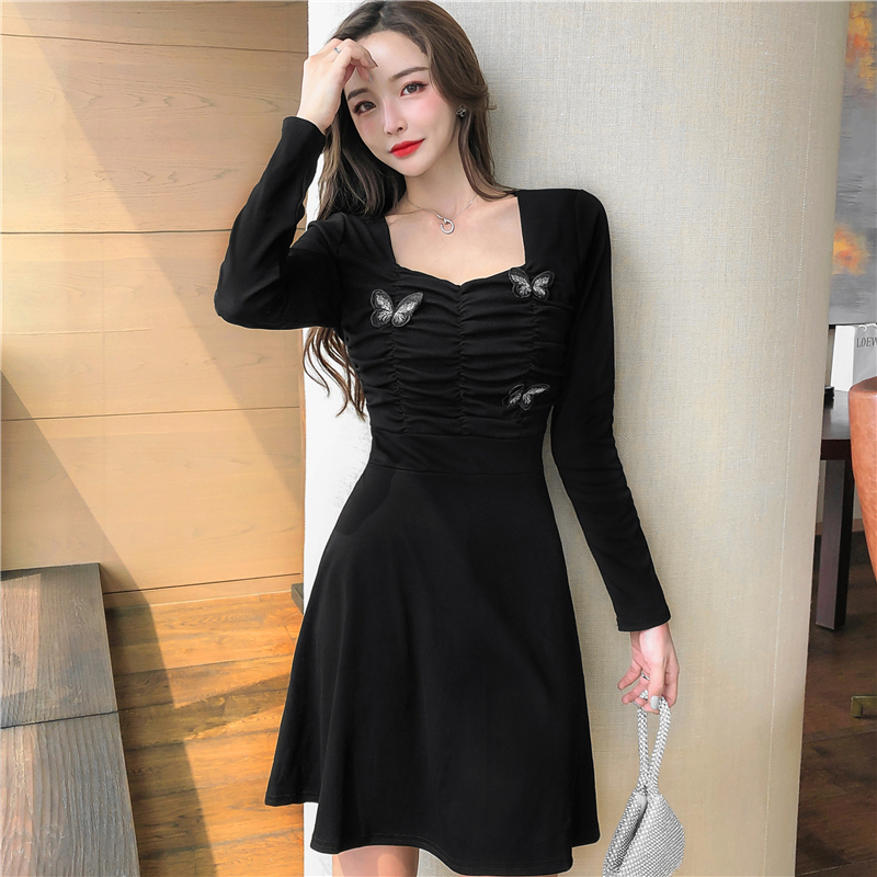 Real shot sexy square collar pleated butterfly decorated nightclub long sleeve autumn style swing dress