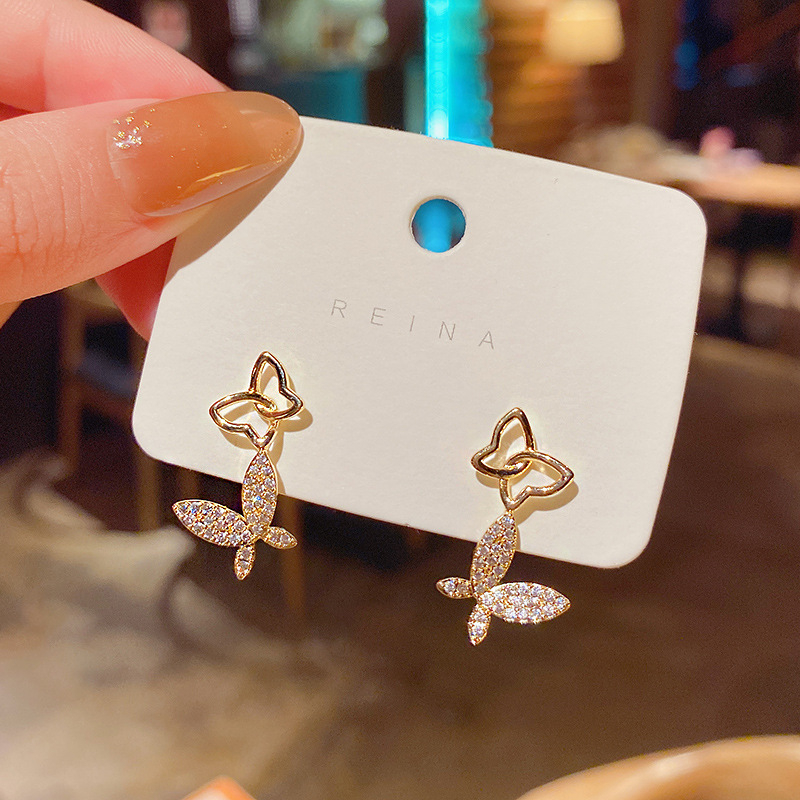 Real shot 925 silver needle Korean personalized micro inlaid delicate butterfly earrings women's fashion net Red Fashion Earrings