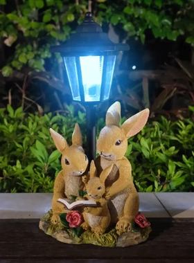 一家三口兔子树脂太阳能户外灯家居动物雕像摆件庭院路径装饰