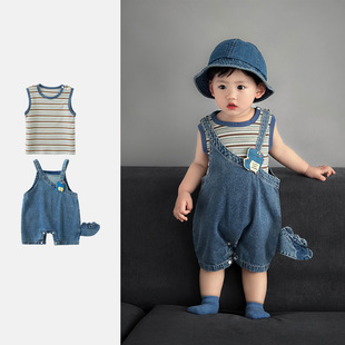 婴幼儿套装夏装洋气爬服男女宝宝衣服连体衣儿童牛仔背带裤两件套