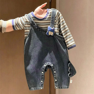 婴儿衣服春秋款哈衣新款连体衣宝宝牛仔背带裤两件套男女孩外出服