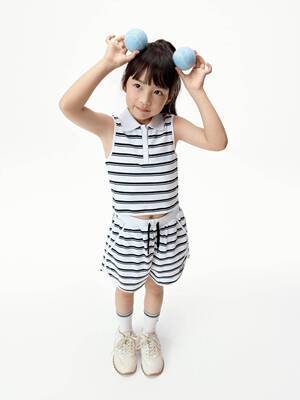 little moco 26夏新款女童条纹polo领背心短裤两件套装KBF2SUT001