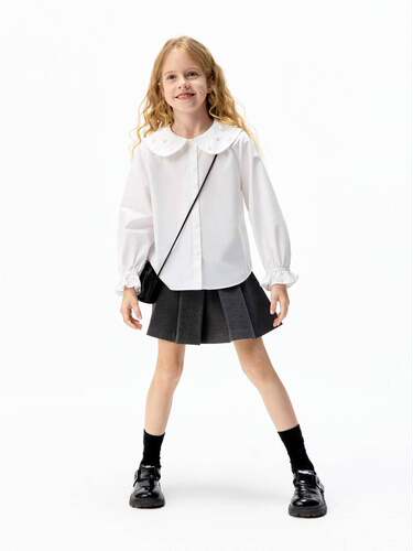 little moco 25冬装新款女童珠片绣娃娃领纯棉长袖衬衫KBE4SHT001