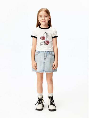 little moco专柜25夏新款女童修身短款樱桃印花儿童短袖T恤