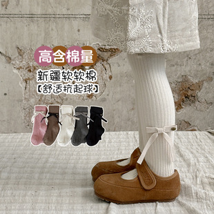 袜QQK5075 蝴蝶结针织儿童连裤 秋冬新款 纯色细抽条女童打底裤