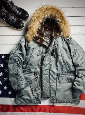 N3B飞行服地勤棉服 连帽真毛领大衣 IDEAL拉头 防风保暖长款棉衣