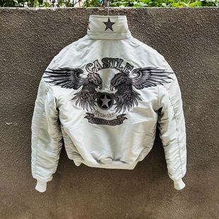 太空灰冷鹰飞行服高街45P通勤夹克外套重工机车刺绣立领翻领棉服