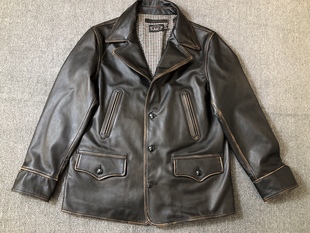 定制农场主西装领中款牛皮皮衣 进口水洗皮做旧效果美式复古磨边