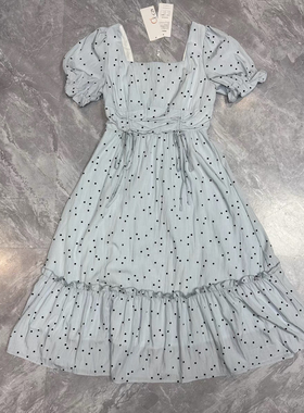 XCZ 浅蓝色方领泡泡袖连衣裙女夏季收腰显瘦长裙