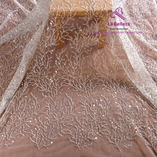 白色管珠米珠刺绣亮片布料植物花卉婚纱礼服面料高端定制服装材料