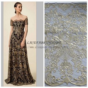 金色 黑网底刺绣花蕾丝面料 婚纱礼服车骨蕾丝花边布料