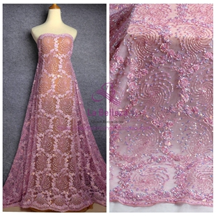 粉色 紫色四色超重工水晶管珠面料 闪亮珠片小漩涡状婚纱礼服蕾丝