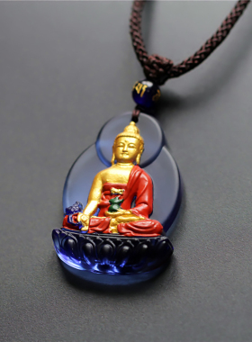 财神老舅 琉璃药师佛灵隐同款佛牌佛贴金佛像挂件唐彩绘吊坠禅意