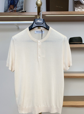 聚鹏名品Andre Maurice 沙色亨利领棉丝短袖男夏季老钱风时尚T恤