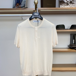 聚鹏名品Andre Maurice 沙色亨利领棉丝短袖男夏季老钱风时尚T恤