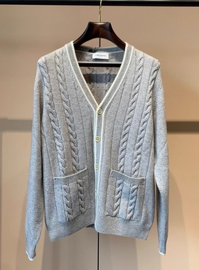 聚鹏名品Andre Maurice灰色羊绒针织开衫100%羊绒男士老钱风外套