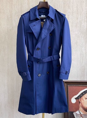 聚鹏名品蓝色风衣长款100%棉春秋款时尚普鲁士蓝英伦风外套