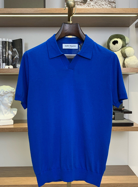 聚鹏名品Andre Maurice 宝蓝色海鸥领短袖男士100%棉亲肤老钱风