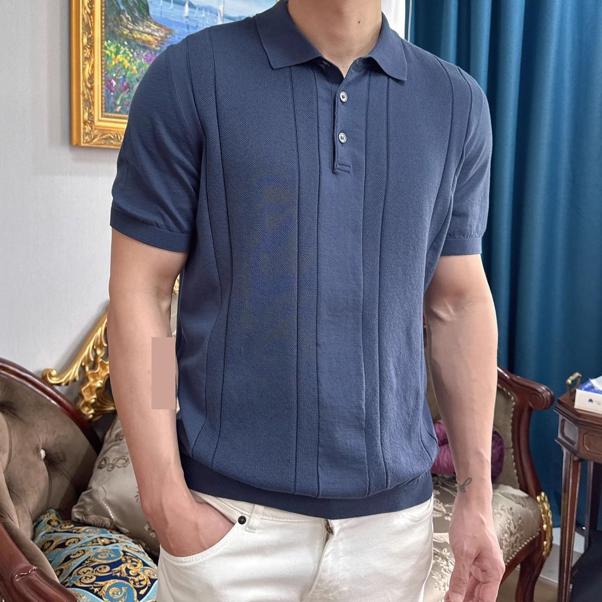 深蓝色竖条纹polo男士100%棉