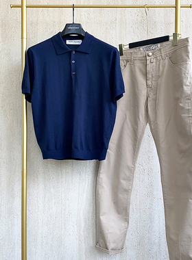 聚鹏名品Andre Maurice蓝色短袖polo男士夏季纯棉透气简约老钱风