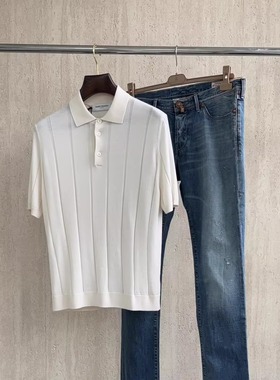 聚鹏名品Andre Maurice 白色宽条纹针织polo男士羊绒真丝短袖春秋
