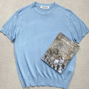 聚鹏名品Andre Maurice 浅蓝色圆领短袖意大利男装桑蚕丝羊绒亲肤