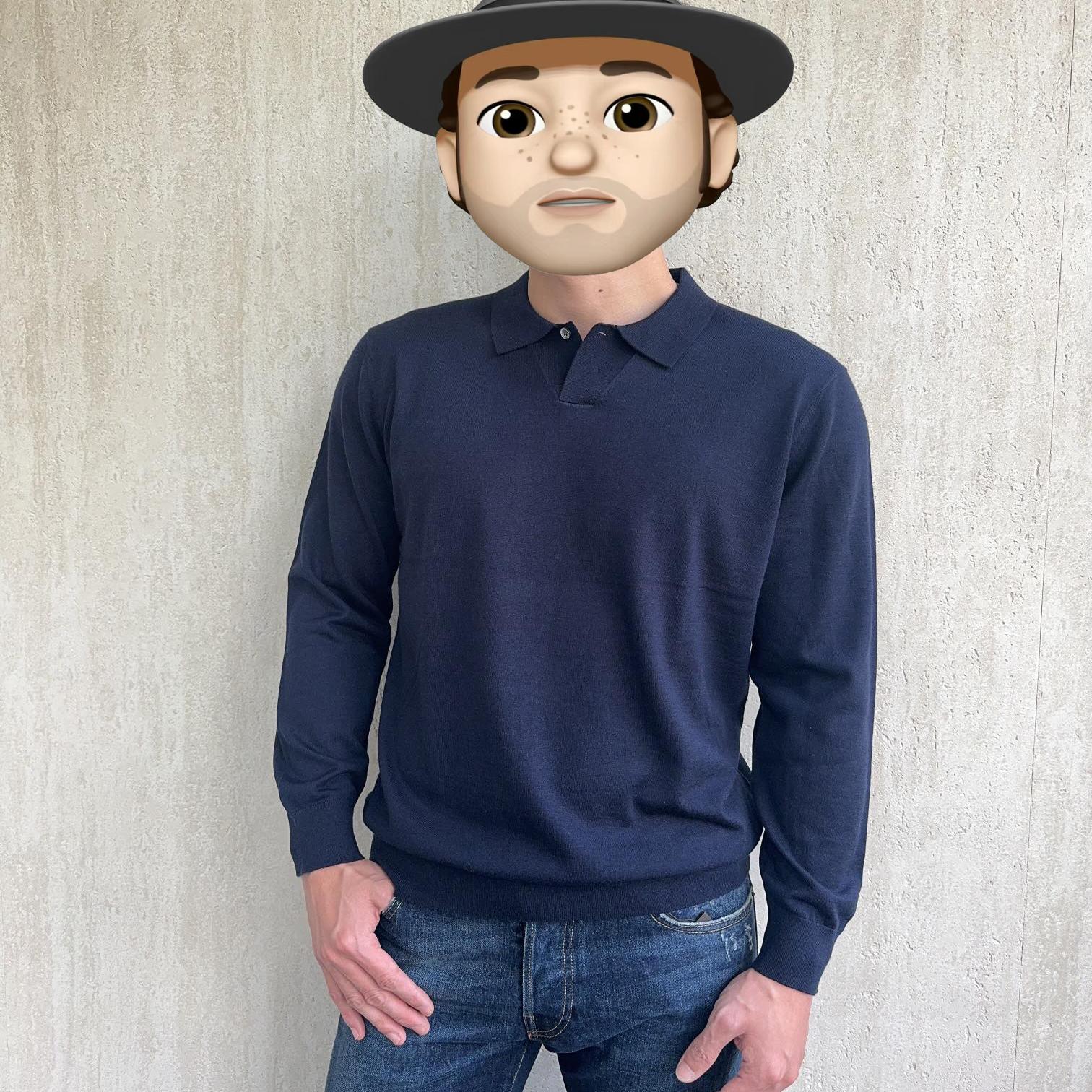 深蓝色单扣领羊绒polo衫