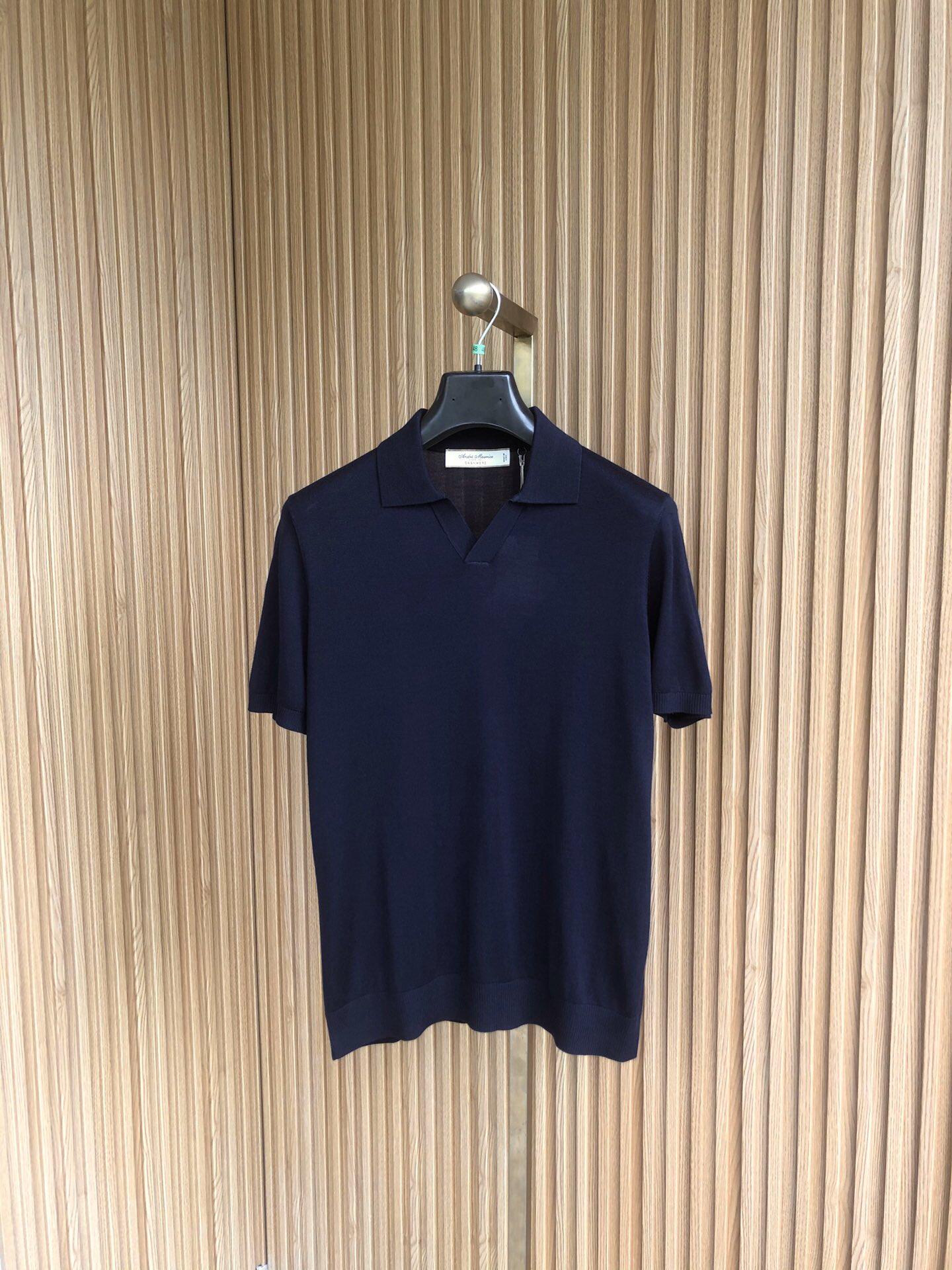 聚鹏名品andre maurice男士深蓝色真丝羊毛海鸥领短袖舒适透气