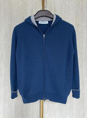 聚鹏名品Andre Maurice 蓝色连帽羊绒开衫男士双拉链老钱秋冬厚款