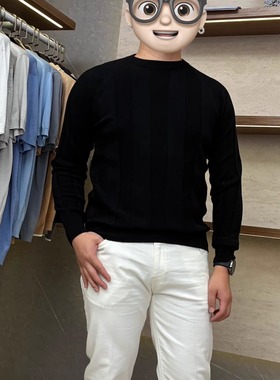 聚鹏名品Andre Maurice 黑色宽坑条圆领羊绒衫男士秋冬款意大利