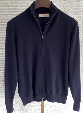聚鹏名品Andre Maurice 深蓝色拉链羊绒开衫男士柔软半高领时尚