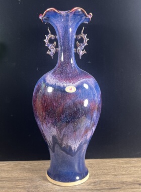神后钧瓷国大师孔相卿孔家钧窑高温窑变藏品级柴窑大号荷口凤耳瓶