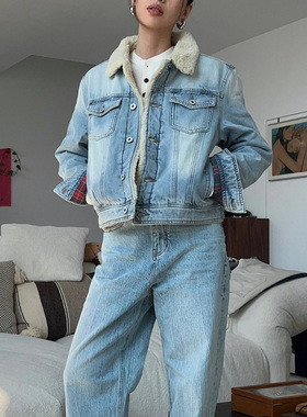 alright羊羔绒夹棉牛仔水洗复古棉服夹克外套2025冬装新款AOOUIU