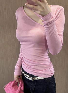 RARELY 可拆卸斜肩天丝羊毛上衣 粉色/咖色 AOOUIU2025新款