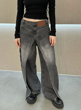 AOOUIU合作款小众设计正反两穿解构牛仔裤香蕉裤阔腿 蓝色/黑灰色