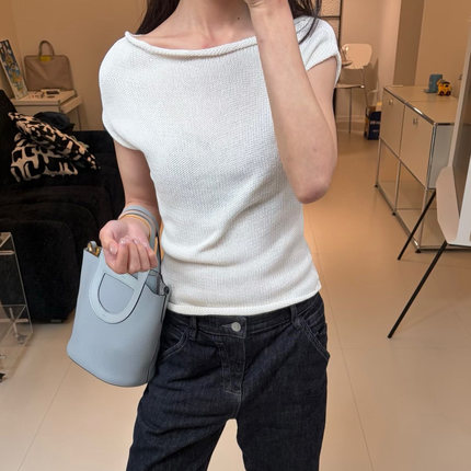 alright 棉麻不对称斜肩卷边设计针织套头上衣T恤女2026春夏新款