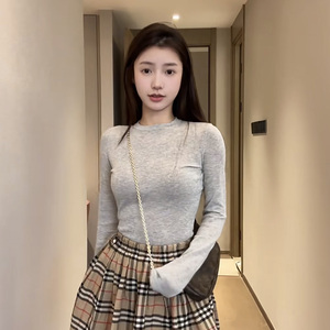 alright小众设计发财宅女同款半透圆领醋酸棉毛织打底针织衫