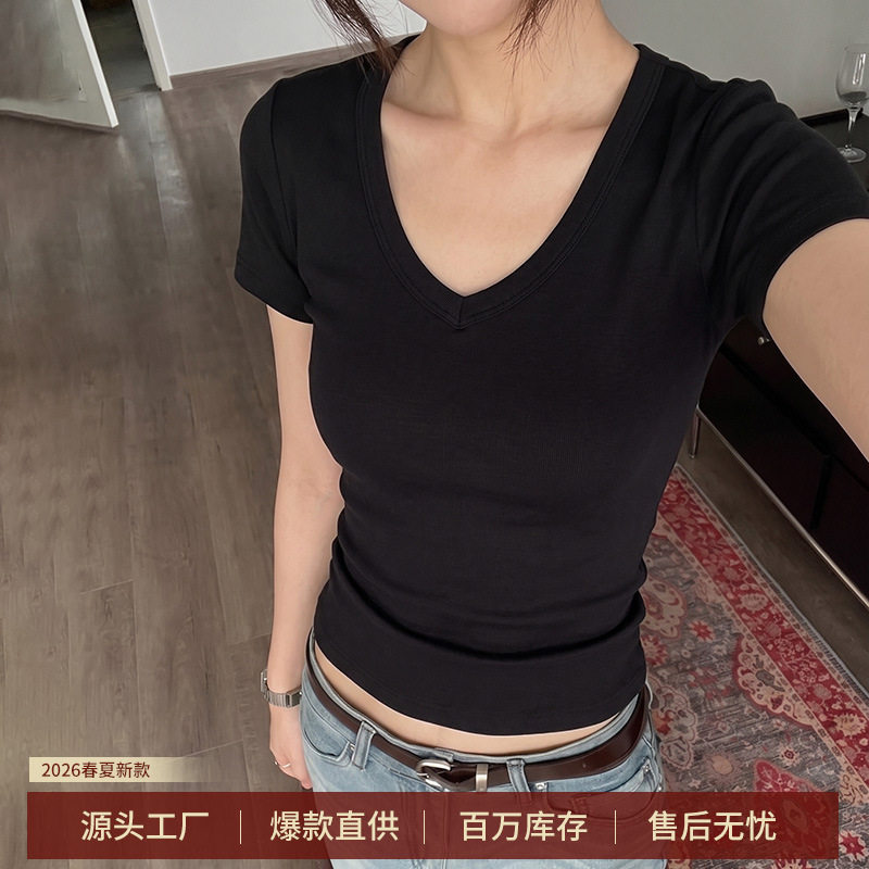 网红爆款正肩t恤女式夏季修身收腰打底衫黑色v领新款柔软高弹体恤