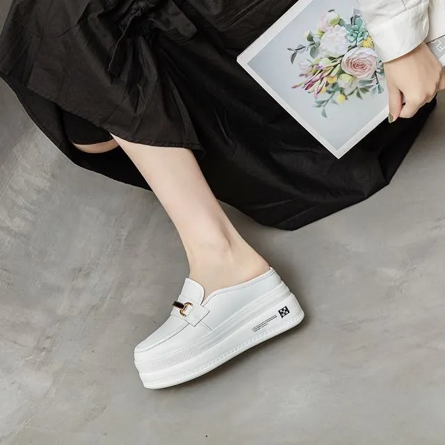 乐福鞋女内增高小白鞋一脚蹬包头外穿2025新款小皮鞋夏季厚底拖鞋