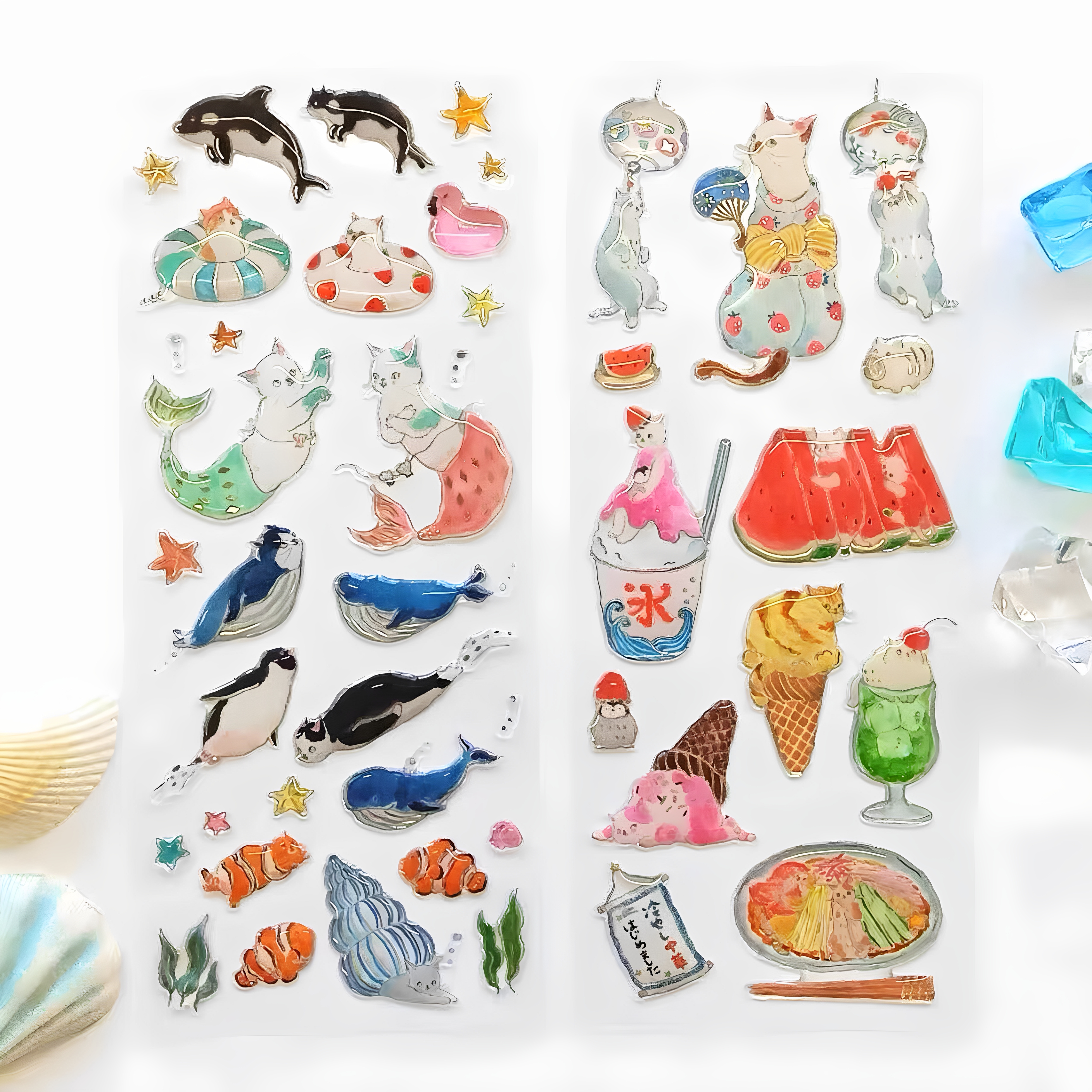 日系插画夏日水晶贴纸手帐装饰拼贴白熊企鹅猫咪海洋动物立体贴画图片