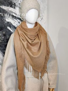 秋冬新款重磅羊毛羊绒混纺手工缝边女保暖三角大披肩护颈气质围巾