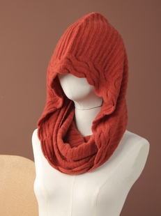 小红帽来了意大利设计一体针织扭花女式纯山羊绒连帽围脖保暖围巾