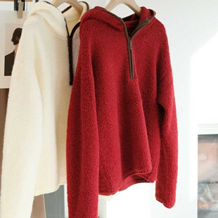 之荔家 女针织衫 红色过年款圈圈羊羔毛连帽衫韩系宽松绵羊毛厚