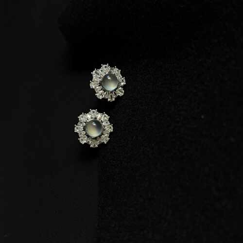 天然冰种岫玉耳钉女纯银镶钻